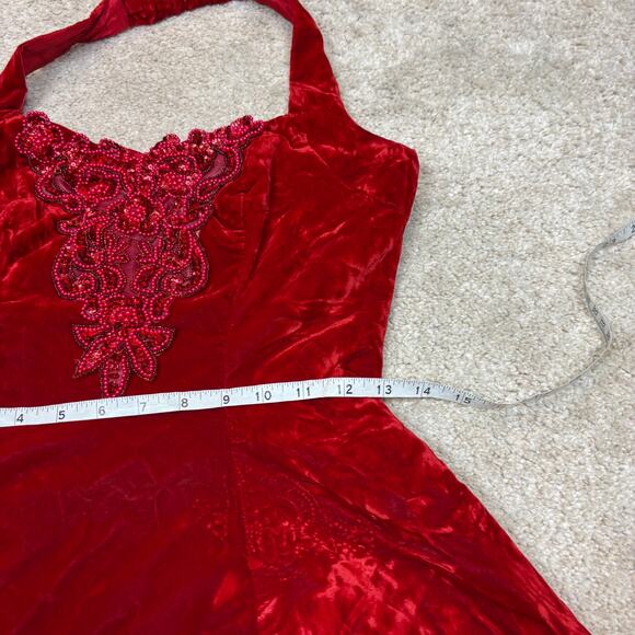 Vintage 80s Jump Apparel Beaded Velvet Halter Dress Women's 7/8 Cherry Girl Mod - Picture 8 of 11